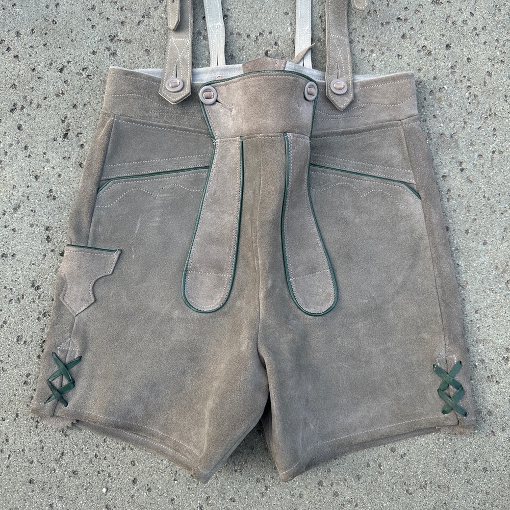 Vintage Grey Suede Lederhosen with Green Piping and Embroidery Stitch Detailing